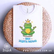 Футболка заздріть тихенько: біла футболка, складена на плетеній основі, з малюнком жаби в медитаційній позі, принт яскравий, з короною на голові жаби та написом 'ЖАБА ЗАЗДРІТЬ ТИХЕНЬКО'.