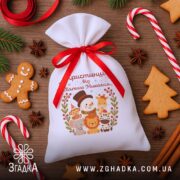 Іменна Торбинка до Миколая серед пряників і святкового декору, милий принт у теплій палітрі.