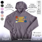 Худі для графічного дизайнера, сірого кольору, з ракурсу спереду, на фоні білого кольору. Принт на грудях містить текст і графічні елементи, кишеня-«кенгуру» розташована внизу, капюшон зшитий з основної частини, манжети та пояс виконані в тому ж кольорі.