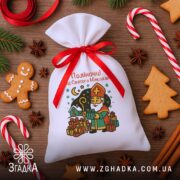 Мішечок дитячий до Миколая серед пряників і льодяників, святковий принт і персоналізація імені.