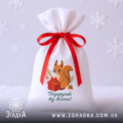 Мішечок дитячий подарунковий у світлій зимовій композиції з червоною стрічкою.