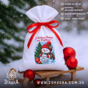 Мішечок дитячий різдвяний 20×30 см зі святковим принтом і червоною стрічкою на санчатах