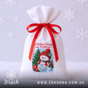 Мішечок дитячий різдвяний у святковій фотосесії на білому фоні зі сніжинками