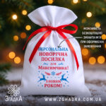 Мішечок іменний новорічний з червоною стрічкою на фоні ялинкових вогників.