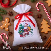 Мішечок новорічний персональний серед пряників, льодяників і новорічних прикрас