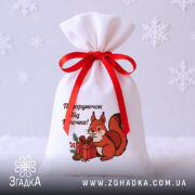 Мішечок подарунок від Білочки у святковій зимовій фотозоні зі сніжинками