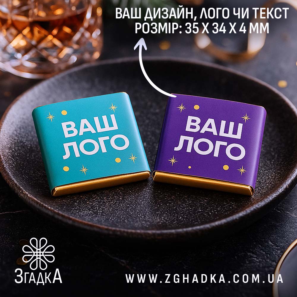 Шоколадки з логотипом на тарілці, бірюзова та фіолетова етикетки, корпоративний дизайн.