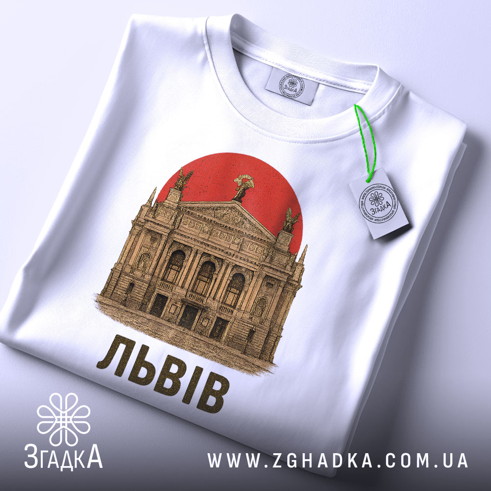 Футболка Львів білого кольору, складена на поверхні, з видимим етикеткою. Принт з зображенням театру та червоним сонцем, текст 'ЛЬВІВ' виконаний чорним шрифтом.