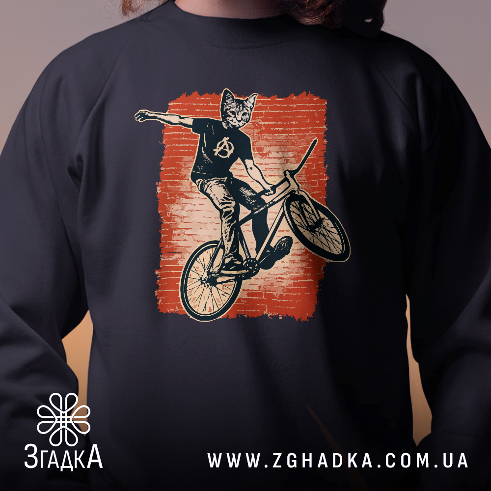 Світшот кіт на велосипеді — світшот, крупний план принта на нейтральному фоні.