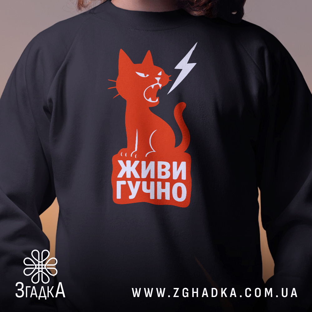 Світшот кіт живи гучно — світшот, крупний план принта на нейтральному фоні.