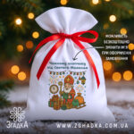 Універсальний дитячий подарунковий мішечок — білий габардин 20×30, червона стрічка, принт Святий Миколай і подарунки на фоні ялинки та гірлянд.