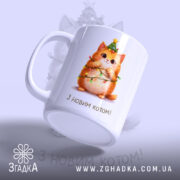Чашка Подарунок для кошатника. Чаша білого кольору, зображення кота з зеленим вінком на голові, ракурс з лівого боку, фон світло-фіолетовий, напис "З НОВИМ КОТОМ!" під котом, ручка кругла, край гладкий, глянцева поверхня.