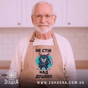 Фартух не стій над душею, бежевого кольору, зображений з близького ракурсу на дерев'яному фоні, принт з малюнком кота з сокирою та текстом, навколо новорічні елементи декору.