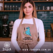 Фартух пташка трудоголічка, бежевого кольору, на жінці, фон кухонний з дерев'яними полицями, принт з пташкою, що тримає каву, з виразом трудоголіка.