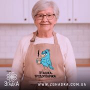 Фартух пташка трудоголічка, бежевого кольору, зображений на манекені, фон світлий, принт з пташкою, що тримає каву, з виразом трудоголіка.