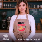 Фартух шеф кухар бежевого кольору, зображений на жінці в кухні, фон з темно-зеленими плитками, принт з написом 'ШЕФ-КУХАР' та червоним перцем і вогнем.