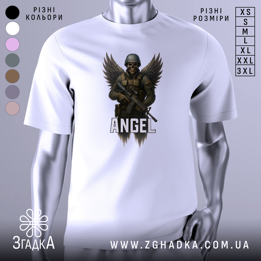 Futbolka Anhel Boiets Viiskovyi Zakhysnyk 1 Футболка ангел боєць білого кольору, зображена на манекені, фон світло-сірий, принт з зображенням ангела-борця з крилами та автоматом, напис 'ANGEL' під малюнком.