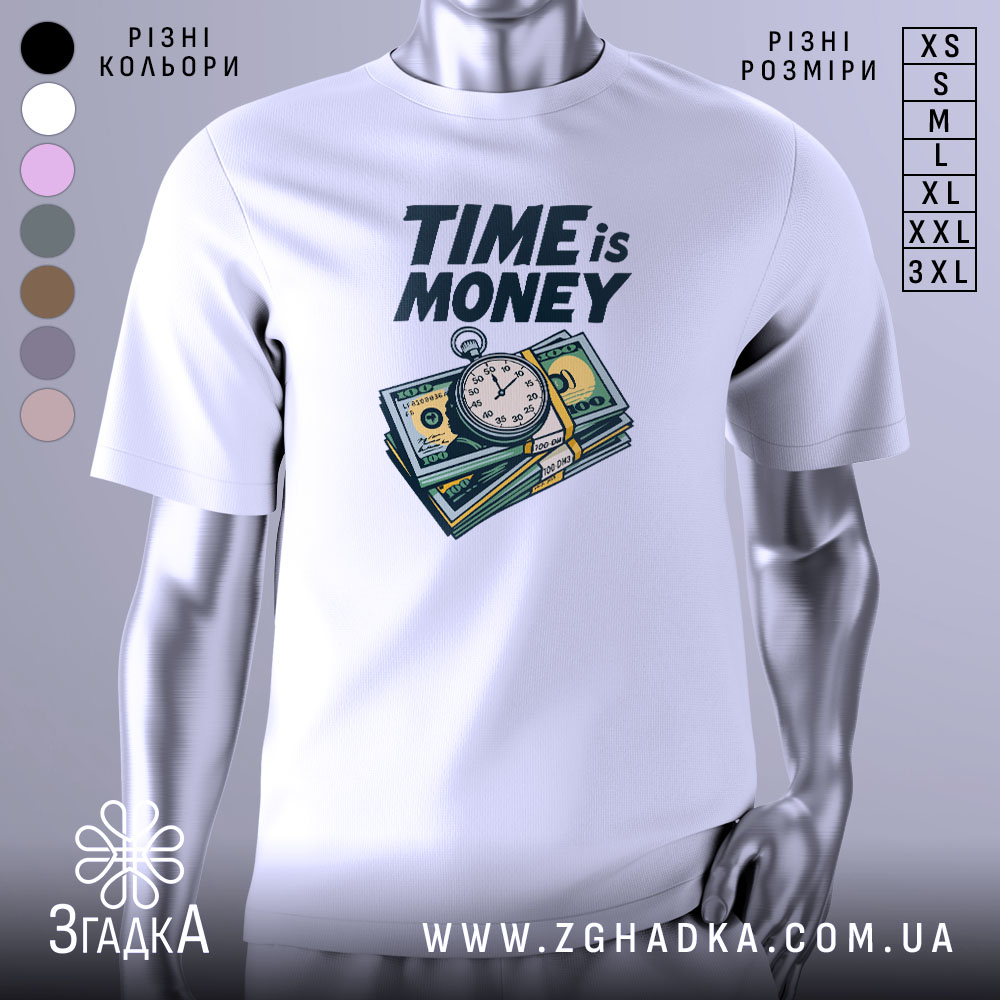 Futbolka Chas Tse Hroshi Stylnyi Vybir Dlia Kozhnoho 1 Футболка час це гроші, біла футболка на манекені, з принтом у вигляді годинника та купюр, фон світло-сірий, принт яскравий і чіткий.