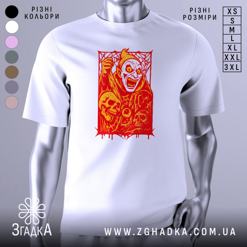 Футболка демон червоний, біла футболка на манекені, ракурс спереду, фон світло-сірий, принт з червоним демоном, що кричить, та черепами, оформлений в червоній рамці з павутиною.