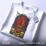Футболка демонічний яскравий образ, біла, з верхнього ракурсу, на столі, фон світло-сірий, принт з червоним демоном, жовтими черепами та чорними кістками, з зеленим ярличком.