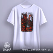 Футболка демонічний ліс, біла, підвішена на вішалці, фон світло-сірий, принт червоний з чорними деталями, зображує демона з рогами, черепи та ліс.