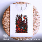 Футболка демонічний ліс, біла, лежить на плетеній кошику, фон світло-сірий, принт червоний з чорними деталями, зображує демона з рогами, черепи та ліс.