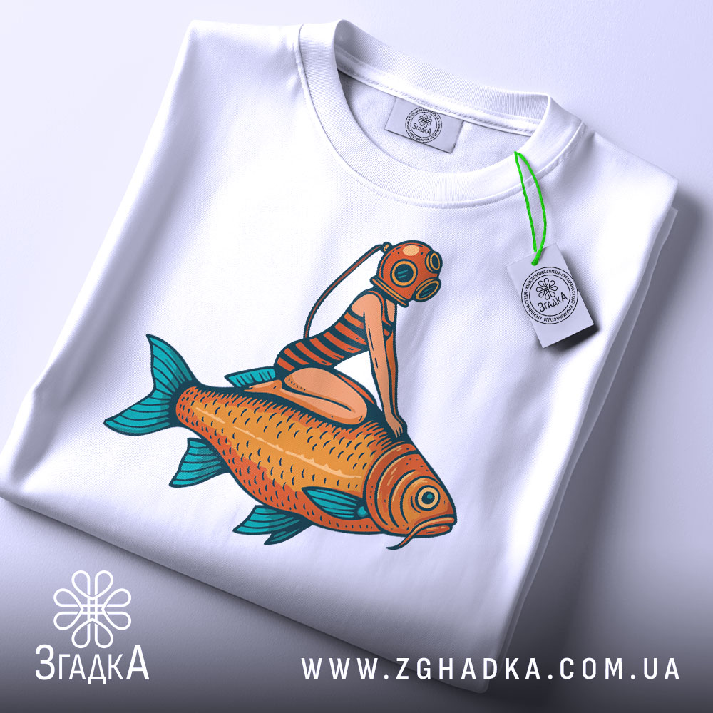 Футболка дівчина на рибі, біла, з верхнього ракурсу, складена на поверхні, з етикеткою, принт з дівчиною в аквалангу на рибі.