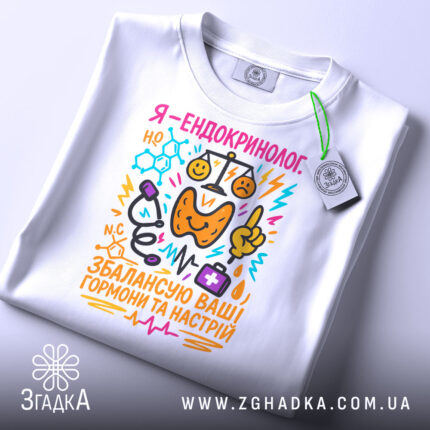 Футболка ендокринолог, біла, складена на столі, фон світло-сірий, принт кольоровий, текст "Я - ендокринолог. Збалансую ваші гормони та настрій" з ілюстраціями медичних інструментів.