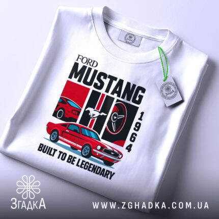 Футболка Ford Mustang класика, біла, складена на поверхні, фон світло-сірий, принт з червоним автомобілем Ford Mustang 1964, логотипом Ford, написом 'BUILT TO BE LEGENDARY', з етикеткою на рукаві.