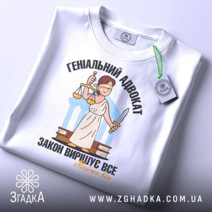 Футболка геніальний адвокат, біла, складена на столі, фон світло-сірий, принт з адвокатом у білому одязі, що тримає ваги та меч, текст чорний і жовтий, на комірці видно етикетку.