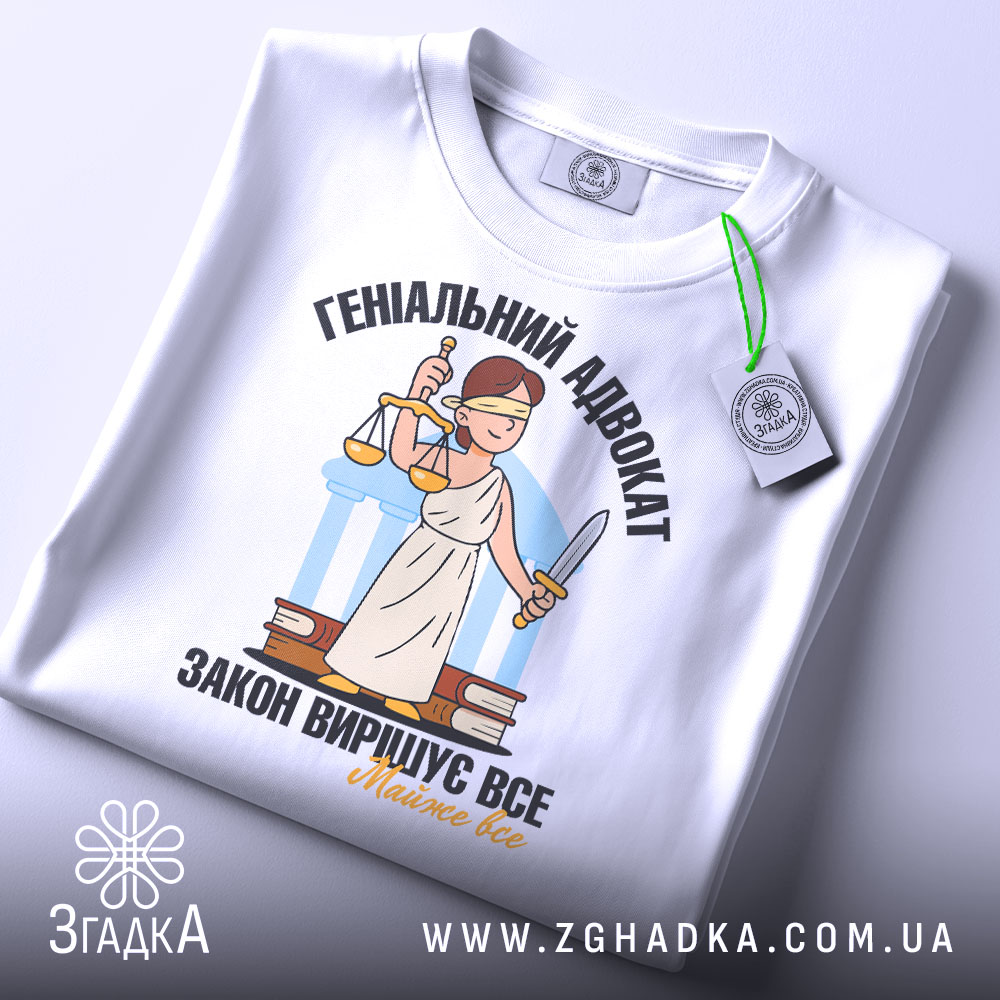 Футболка геніальний адвокат, біла, складена на столі, фон світло-сірий, принт з адвокатом у білому одязі, що тримає ваги та меч, текст чорний і жовтий, на комірці видно етикетку.