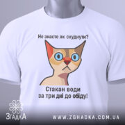 Футболка як швидко схуднути. Біла футболка, складена на поверхні, з етикеткою зеленого кольору. Принт з кішкою та текстом: 'Не знаєте як схуднути? Стакан води за три дні до обіду!' Фон світлий, що підкреслює футболку.