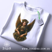 Футболка янгол охоронець, біла, складена на столі, фон світло-сірий, принт з ангелом і солдатом, з зеленим ярликом, що звисає.