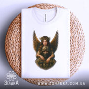 Футболка янгол охоронець, біла, складена на плетеній кошику, фон світло-сірий, принт з ангелом і солдатом, що виглядає стильно.