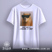 Футболка капібара з жартом, біла, підвішена на вішалці, фон градієнтний сірий, принт з капібарами в окулярах та текстом "WHY ARE U LOOKING AT ME?" під ним.