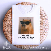 Футболка капібара з жартом, біла, складена на плетеній кошику, фон світлий, принт з капібарами в окулярах та текстом "WHY ARE U LOOKING AT ME?" під ним.