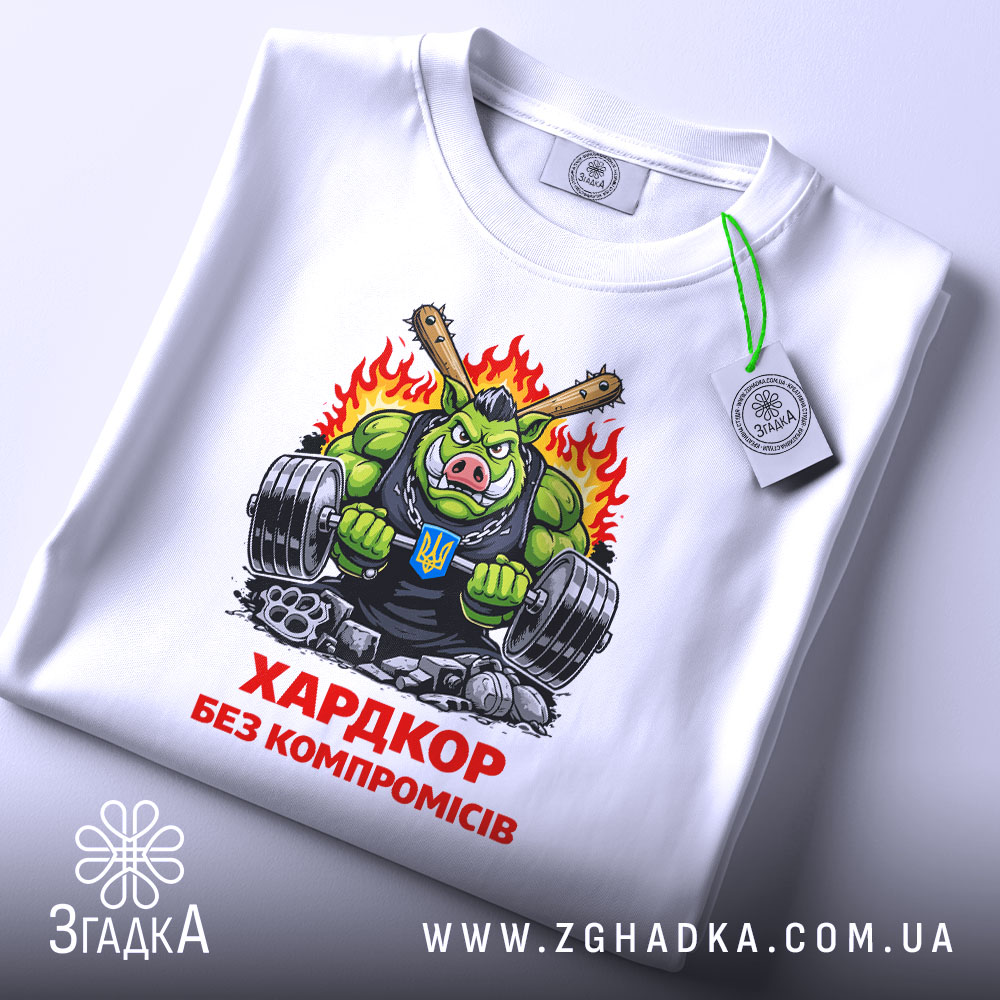 Футболка хардкор без компромісів, біла, складена на поверхні, фон світлий, принт з зеленим персонажем у чорному майці, що тримає гантелі, з червоним написом 'ХАРДКОР БЕЗ КОМПРОМІСІВ'.