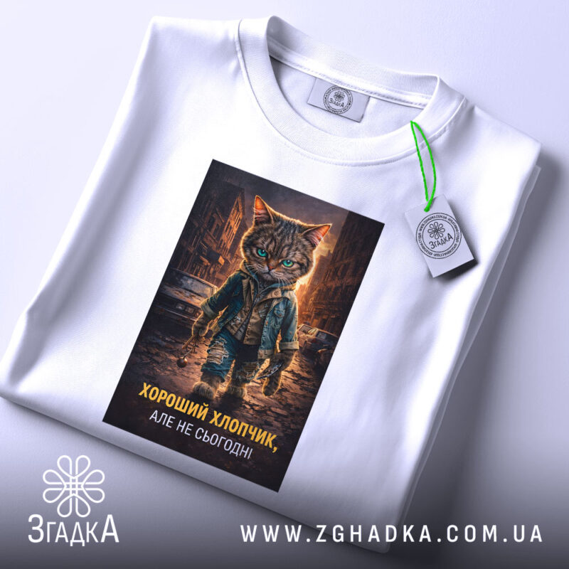 Футболка хороший хлопчик, біла, з верхнього ракурсу, на фоні світло-сірого градієнту, з принтом кота в джинсовій куртці, з етикеткою на зеленому шнурку.