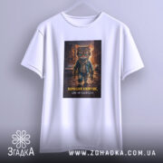 Футболка хороший хлопчик, біла, з прямим ракурсом, на фоні світло-сірого градієнту, з принтом кота в джинсовій куртці, що стоїть на вулиці.