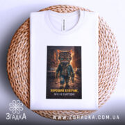 Футболка хороший хлопчик, біла, з верхнього ракурсу, на фоні плетеного кошика, з принтом кота в джинсовій куртці, що стоїть на вулиці.