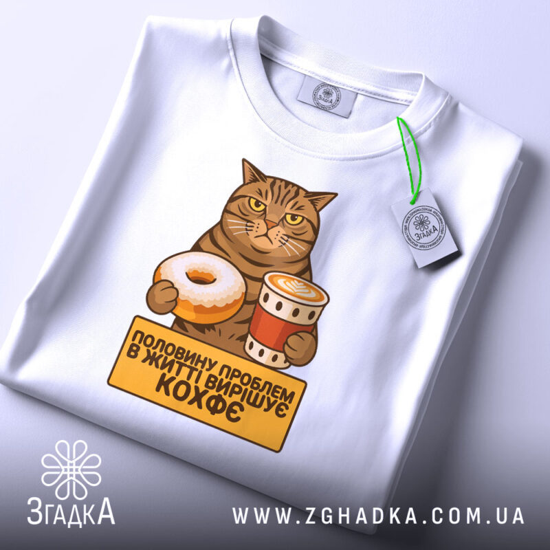 Футболка кіт і кава, біла, зображена зверху, на столі, фон світло-сірий, принт з котом, який тримає пончик і чашку кави, текст на жовтому фоні: 'половину проблем в житті вирішує кофе', на футболці є етикетка.