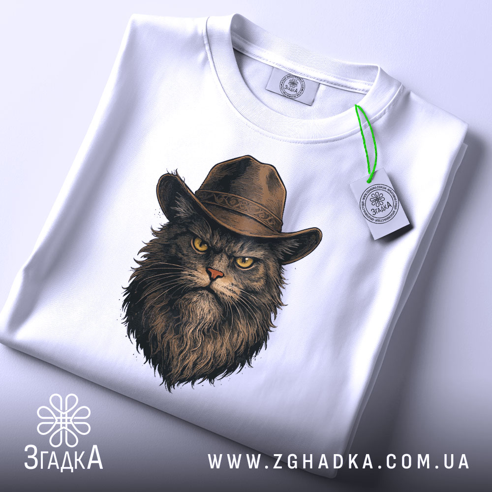 Футболка кіт ковбой, біла, з верхнього ракурсу, складена на столі, з принтом кота в ковбойському капелюсі, на етикетці зелена стрічка, фон світлий.