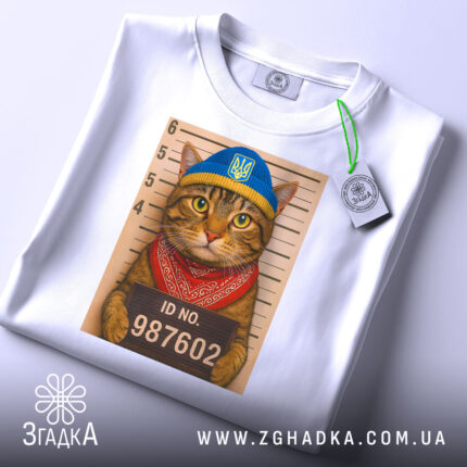 Футболка кіт у розшуку, біла, складена на столі, фон світло-сірий, принт з котом у блакитній шапці та червоному бандану, на фоні ліній для зросту з написом ID NO. 987602, з етикеткою на шнурку.