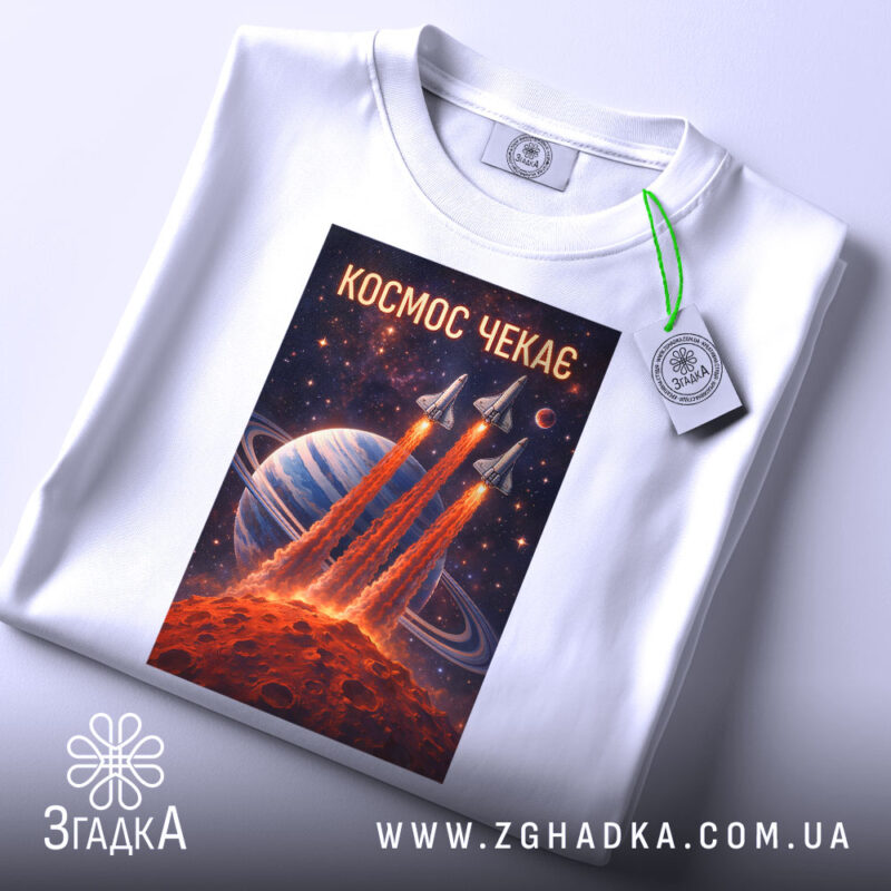 Футболка космос чекає, біла, складена на столі, фон світлий, принт з ракетами, що злітають з червоної планети, на фоні планети з кільцями, з етикеткою зеленого кольору.