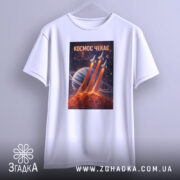 Футболка космос чекає, біла, підвішена на вішалці, фон градієнтний сірий, принт з ракетами, що злітають з червоної планети, на фоні планети з кільцями.