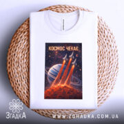 Футболка космос чекає, біла, складена на плетеному кошику, фон світлий, принт з ракетами, що злітають з червоної планети, на фоні планети з кільцями.