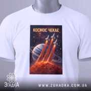 Футболка космос чекає, біла, складена на столі, фон світлий, принт з ракетами, що злітають з червоної планети, на фоні планети з кільцями, з етикеткою зеленого кольору.