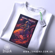 Футболка космос мій океан, біла, складена на поверхні, фон світлий, принт з космонавтом на рибі в космосі, прикріплена етикетка з зеленим шнурком.