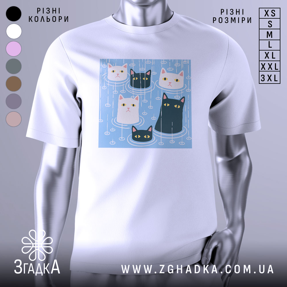 Futbolka Koty Pid Doshchem Oryhinalnyi Podarunok 1 Футболка коти під дощем, біла, зображена на манекені, фон світло-сірий, принт з п'ятьма котами на блакитному фоні з краплинами дощу.
