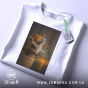 Футболка коти титанік, складена футболка на білому фоні, ракурс зверху, фон світло-сірий, принт зображує двох котів на борту корабля, один рудий, інший сірий, коти з закритими очима, щасливі, на фоні заходу сонця.